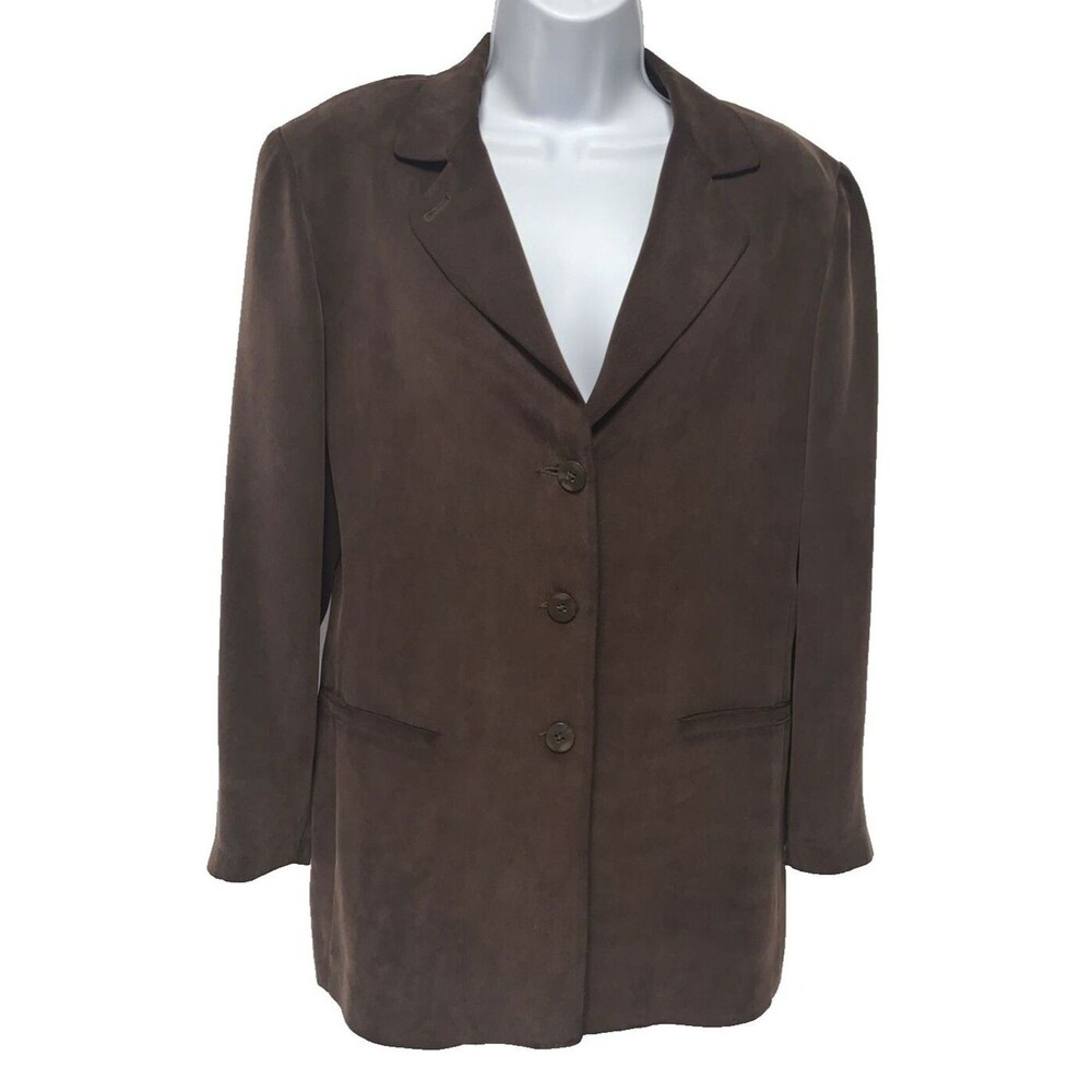 Vintage 100% Silk Brown Blazer Pockets 3 Buttons Collar Due Per Due Women's 8